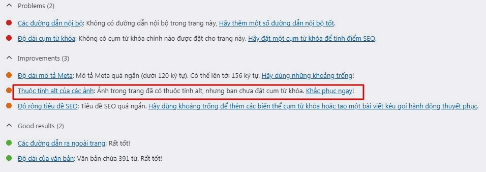 Phát hiện lỗi alt text trong SEO Yoast